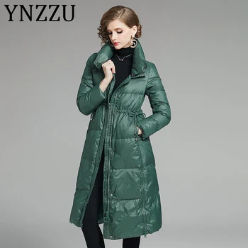 

YNZZU Brand 2019 Winter Women's Down Jacket Green Long Drawestring Stand Collar Warm 90% White Duck Down Coat for Women A1381