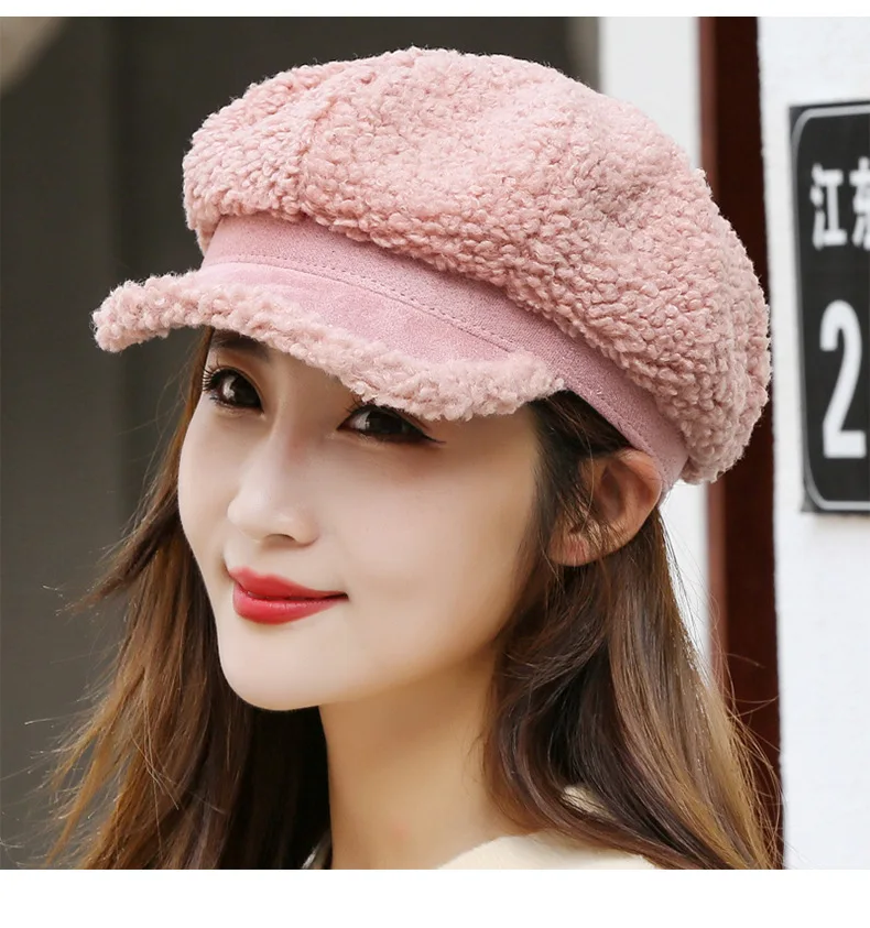 Winter Women's Cap Ladies Octagonal Hat Beret Lambswool Plush Warm Outdoor Female Visor Soft High Quality BT0057