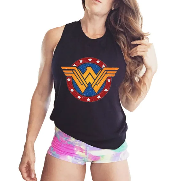 Летний женский топ на бретелях, модный летний топ с принтом Wonder Woman vogue и круглым вырезом для фитнеса, Женский Топ без рукавов, хлопковые черные топы