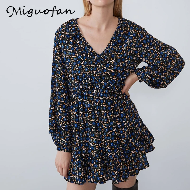 Miguofan, женские мини платья, платье с цветочным принтом, фонарь, длинный рукав, сексуальный v-образный вырез, Осенние винтажные цветочные платья, женские платья