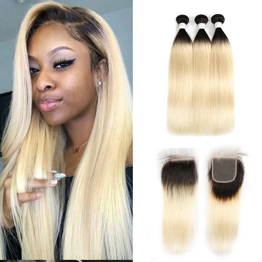 Ombre Blonde Straight Hair Bundles With Closure 4x4 SOKU Brazilian 3 Bundles Human Hair With Closure Remy Hair Weave Extension