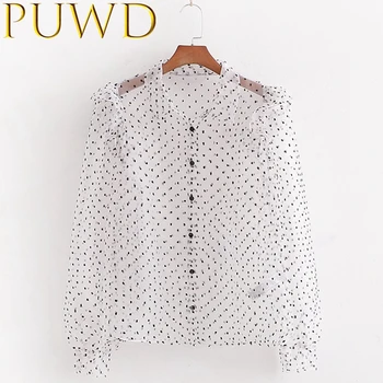 

PUWD 2020 Summer new fashion sexy women's decorative transparent hard yarn shirt Ruffle dot long sleeve top