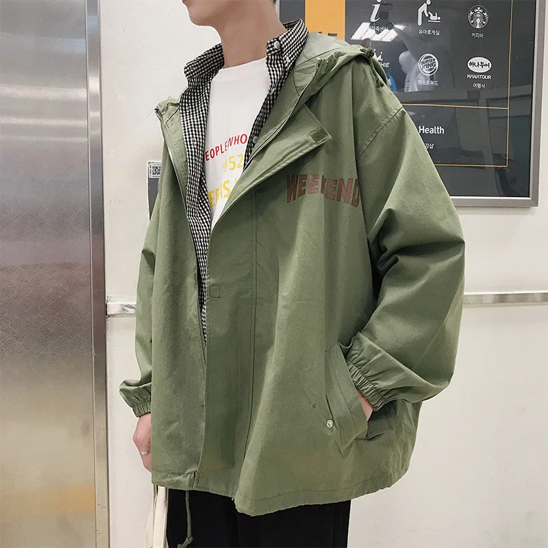 

2018 Autumn New Style Hong Kong Style Printed Hooded Loose-Fit Tooling Jacket Trend MEN'S Coat Tops Trend