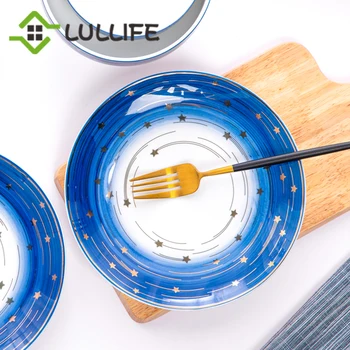 

China Bone Dinner Plate Gold Inlay Plates and Dishes Luxury Star Dinnerware 8/9 inch Charger Plate Soup Dish Rice Dinner Bowls