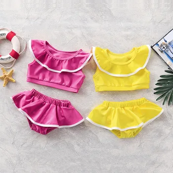 

Dropshipping 2Pcs Tankini Candy Color Bathing suit Summer Swimsuit Baby Girl Swimwear Solid Ruffled Crops Tops Bottoms
