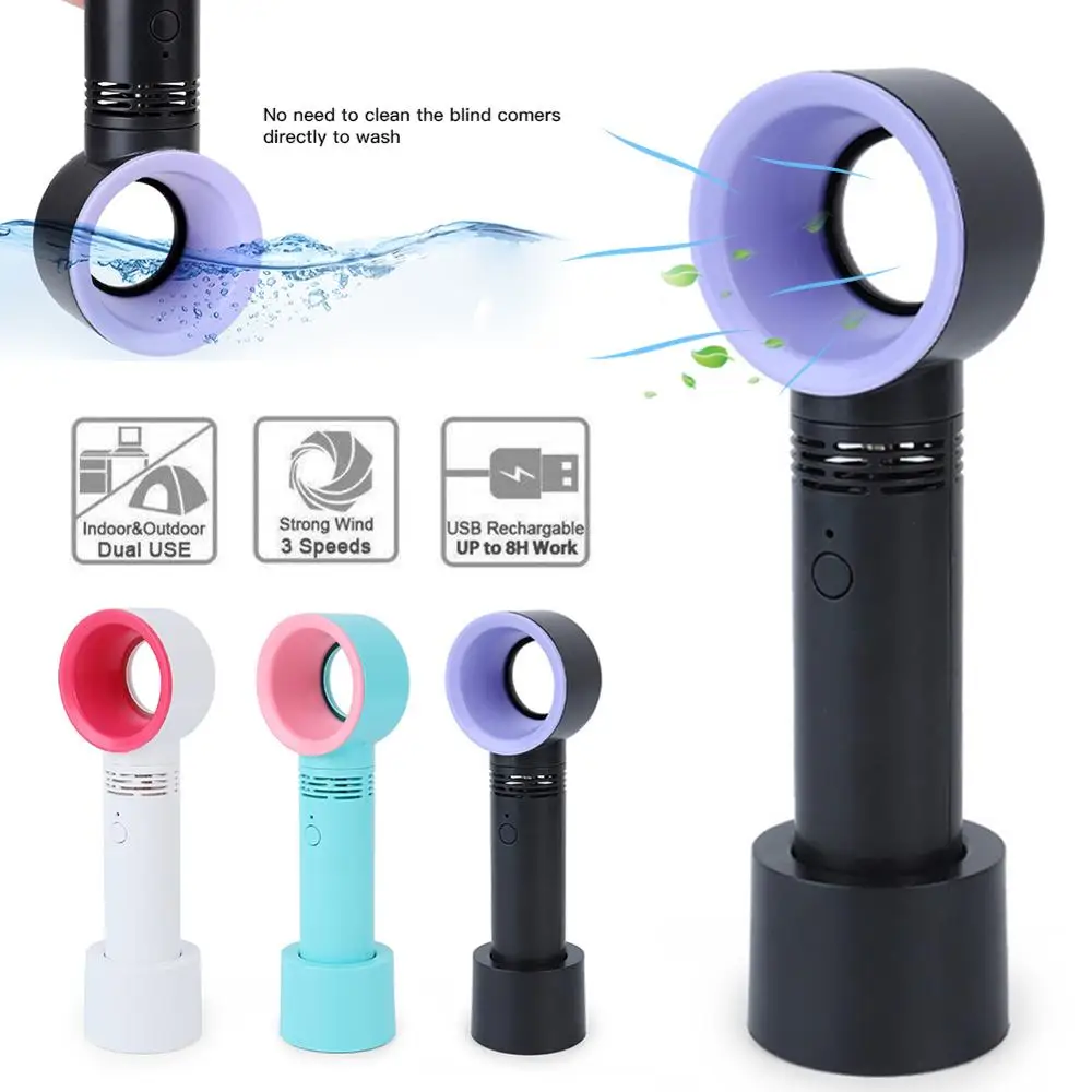 

Outdoor USB Rechargeable Bladeless Fan Handheld Mini Portable Cooler No Leaf Handy Fan With 3 Fan Speed Level LED Indicator