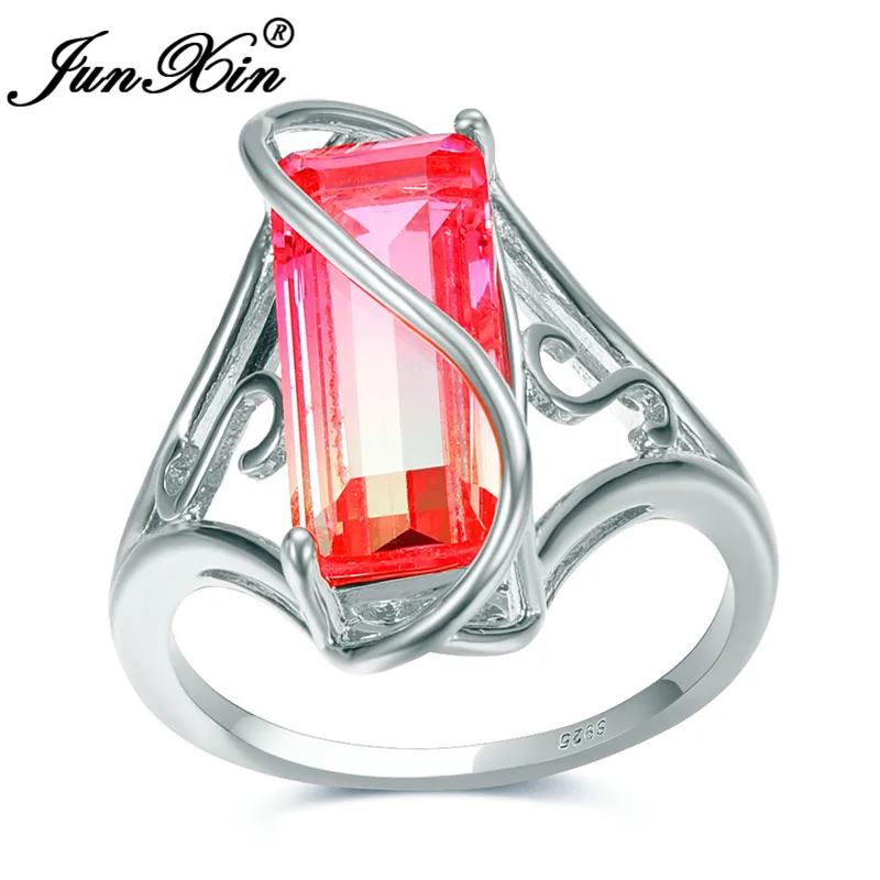 Mystic Rainbow Fire Crystal большие прямоугольные кольца для женщин 925 серебряный цвет зеленый розовый синий циркон обручальное кольцо - Цвет основного камня: Pink Yellow Ring