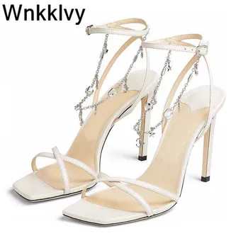 

Summer thin high heels sandals women white corss belt metal rhinestone chain decor ankle strap sandalias sexy party dress shoes