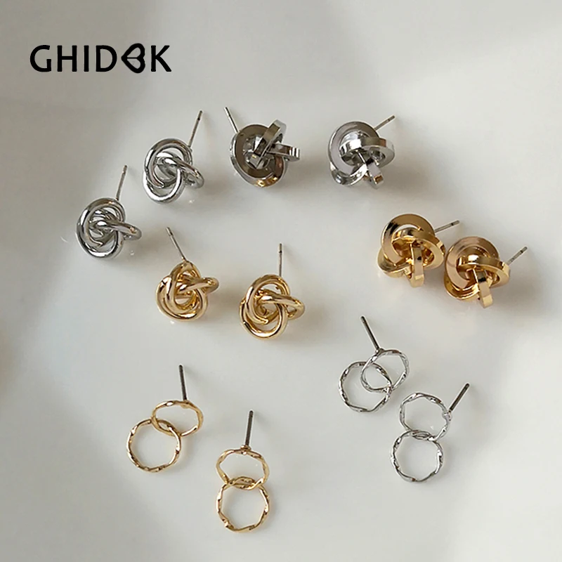 GHIDBK минималистичные скрученные двойные круглые серьги-гвоздики Необычные завязанные золотые серебряные серьги гвоздики демонстрационные полые серьги