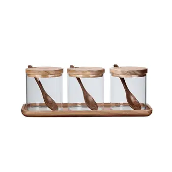 

1 Set Seasoning Jars Clear Kitchen Glass Condiment Pot Cruet Container Holder for Home Restaurant