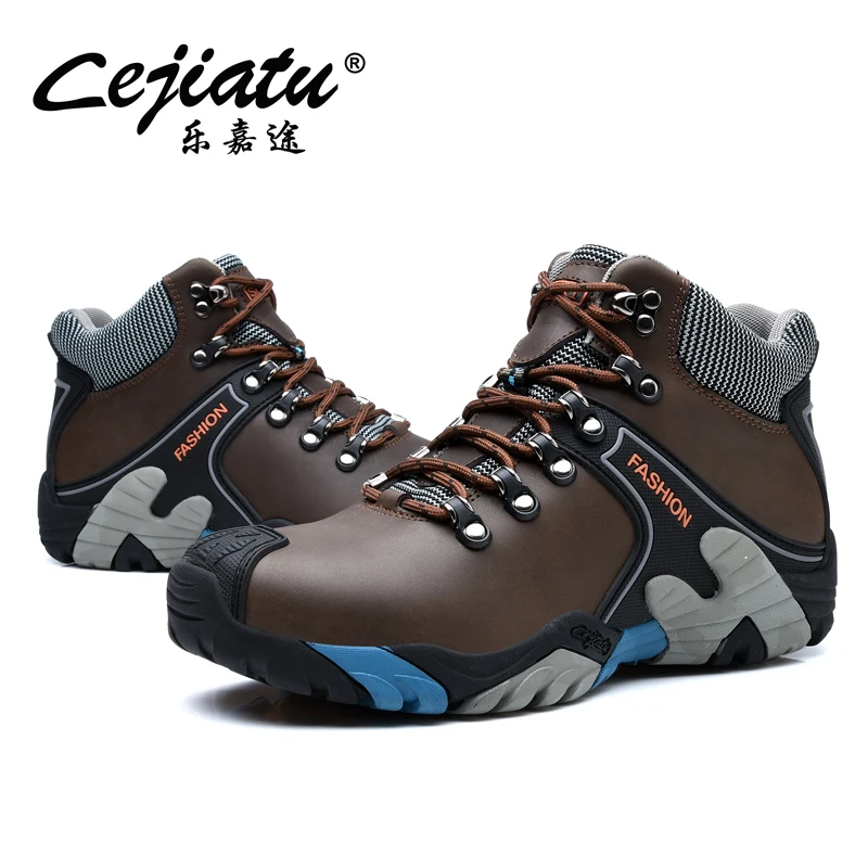 Tanie Skórzane buty turystyczne męskie buty outdoorowe wodoodporne zimowe wysokie góry wspinaczka górska trampki buty myśliwskie dla mężczyzn trenerzy