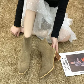 

2019 autumn new high-heeled boots women fashion simple solid color elastic cloth comfortable casual thick heel boots