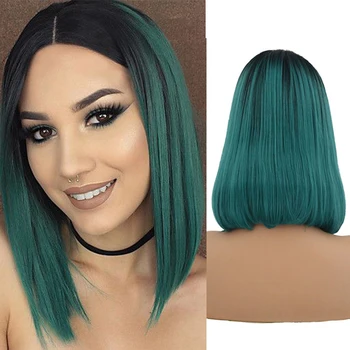 

RONGDUOYI Ombre Green Synthetic Lace Front Wig Middle Part Short Straight Lace Wigs for Women Two Tone Color Heat Resistant Wig