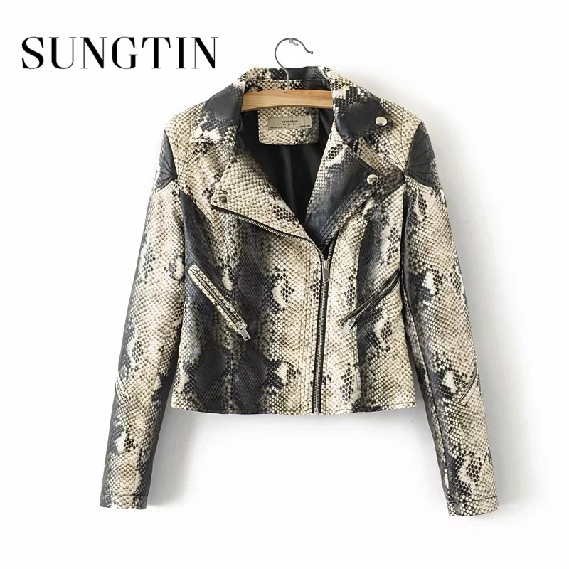 snake Sungtin Women Autumn Classic Black Pu Leather Jacket Winter New Short Soft Faux Leather Jacket Street Casual Biker Jacket Coat - Color: snake