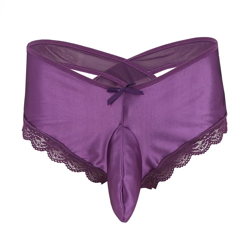 Purple Мужское нижнее белье SISSY цветочные кружева сзади крест-накрест спереди выпуклость мешок низкая посадка бикини трусы нижнее белье для геев мужские Hommes трусы - Цвет: Purple