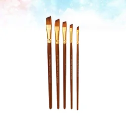 5Pcs Nylon Wool Paint Brushes Wood Handle Oil Painting Brush Gouache Acrylic Oil Painting Brush for Students Artists Use (Slant