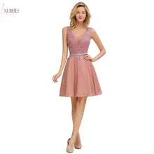 Пыльно-розовые шифоновые короткие платья для выпускного вечера сексуальное платье трапециевидной формы с кружевной аппликацией и v-образным вырезом без рукавов vestidos de gala jurken