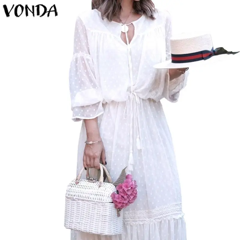 Белый VONDA, праздничное кружевное платье, богемное, женское, винтажное, в горошек, полое, длинное, макси платье,, сексуальные, вечерние, Vestido Robe Femme размера плюс - Цвет: Белый