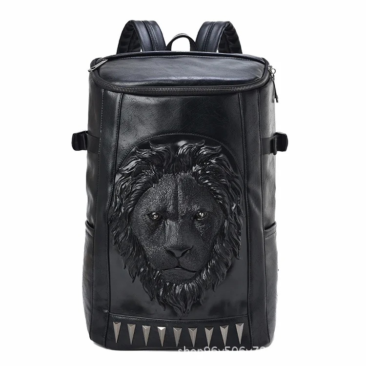 

3D Embossed Lion Head bucket Soft Backpack With Stunning Spikes Cool leather travel School bagpack Punk Rock concert bags