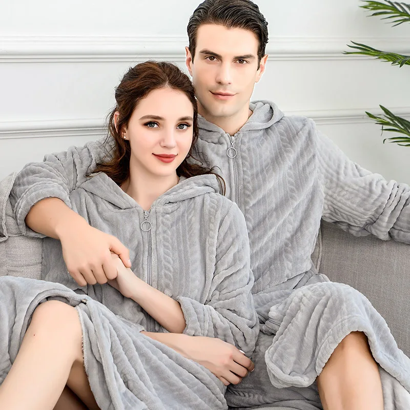 Men Extra Long Winter Warm Nightgown Plus Size Pregnant Zipper Sleepshirts Luxury Soft Grid Flannel Thermal Dressing Gown