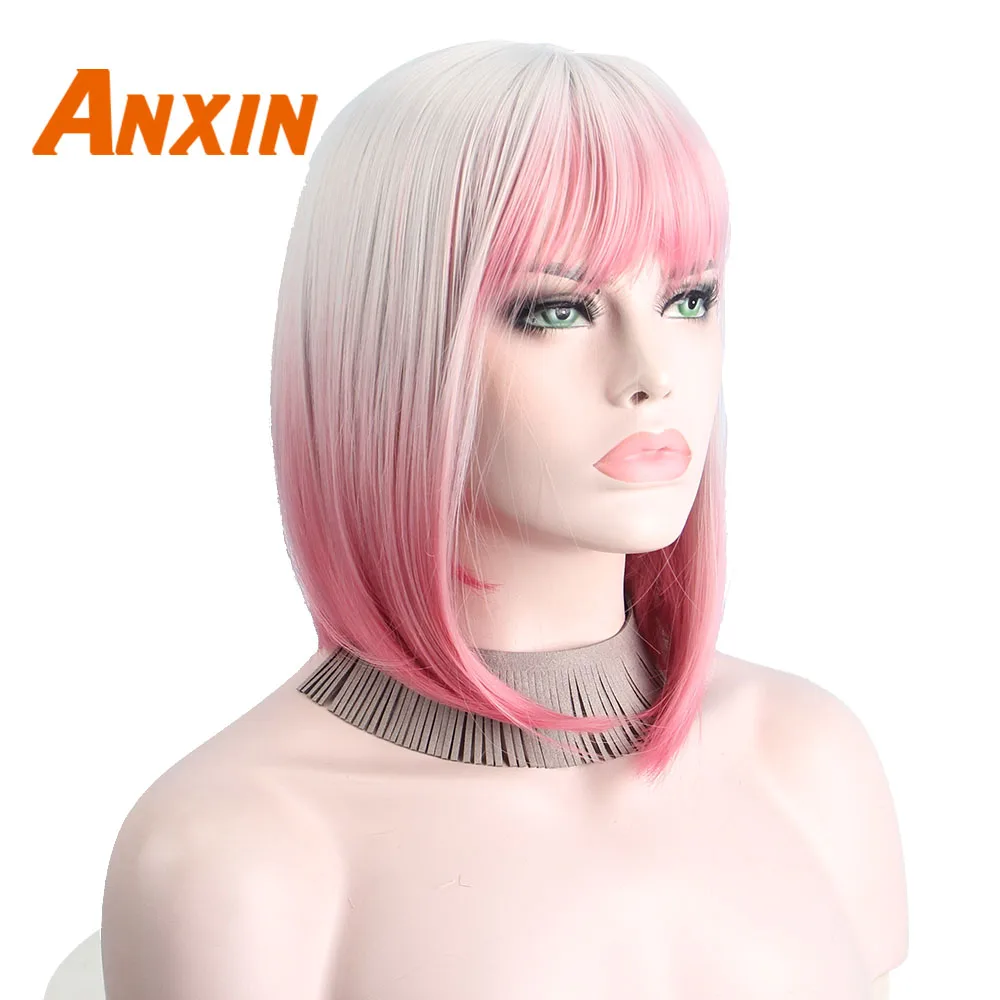 Anxin Synthetic Cosplay Wigs for Black Women with bangs Short Omber Wig