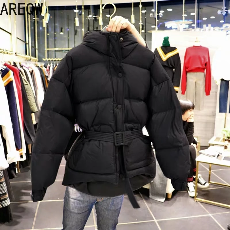 2022 New Women Autumn Winter Jacket With Belt Cotton Parkas Hooded Slim Short White Red Pink Black | Женская одежда