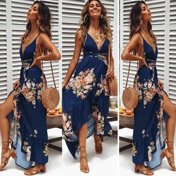 

Sexy Club Deep V Backless Bandage Long Dress Summer Beach Style Fashion Floral Print Split Boho Ladies Casual Maxi Dress DG179