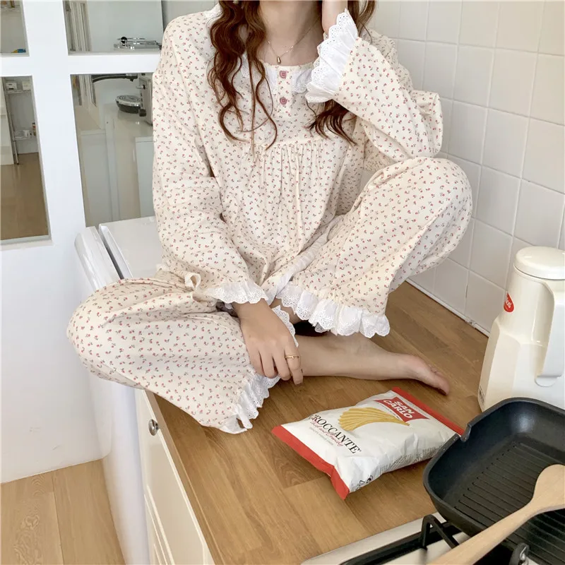 

Spring Autumn Women Sleepwear Fancy Lace 100% Cotton Home Suit 2 Piece Set Homewear Cut e Top Pants Floral Print Pajamas Set