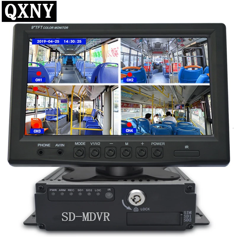 

QXNY DC12V-24V 9" LCD 4CH Video input Car Video Monitor For Front Rear Side View Camera Quad Split Screen 13Mode Display SD MDVR
