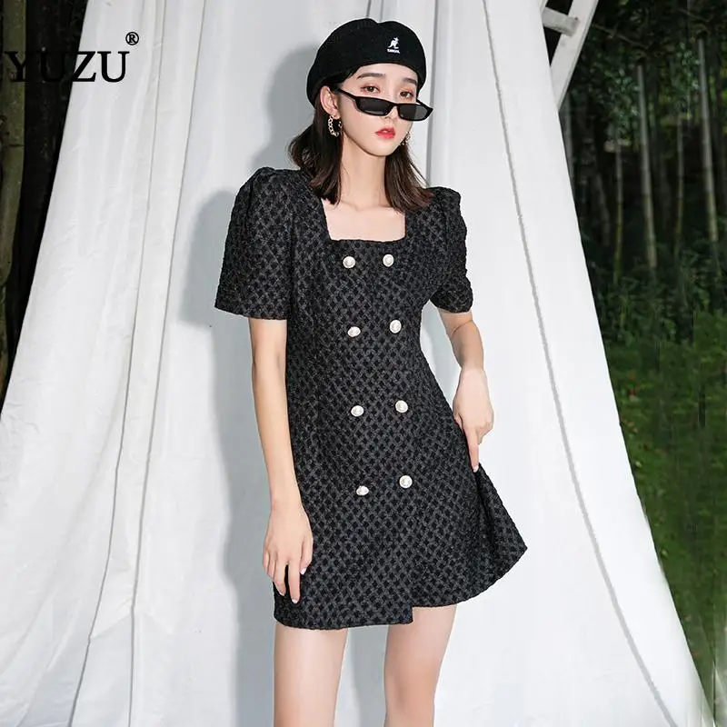 

Vintage Black Jacquard Mini Dress For Women A-line Solid Short Puff Sleeve Square Collar Summer 2020 Office Party Noble Dress