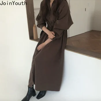 

Joinyouth Women Korean Long Sleeve Blouse Dress 2020 Spring High Waist Single Breasted A-line Midi Dresses Vestidos Femme 59257