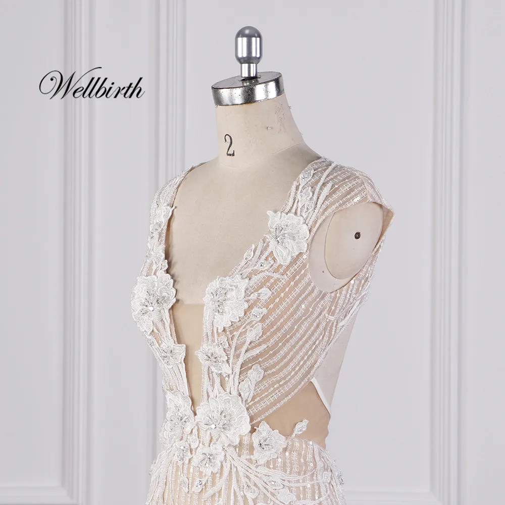 Реальное изображение Wellbirth Vestido de novia, v-образный вырез, открытая спина, Русалка, свадебное платье с коротким рукавом, свадебное платье JC031