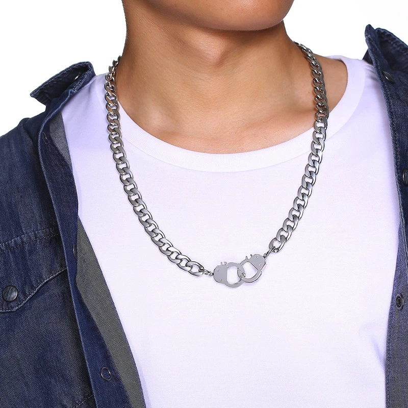 

MEN HANDCUFF NECKLACE HEAVY METAL JEWELRY HAND CUFF NECKLACE STAINLESS STEEL DOUBLE HANDCUFF DESIGN