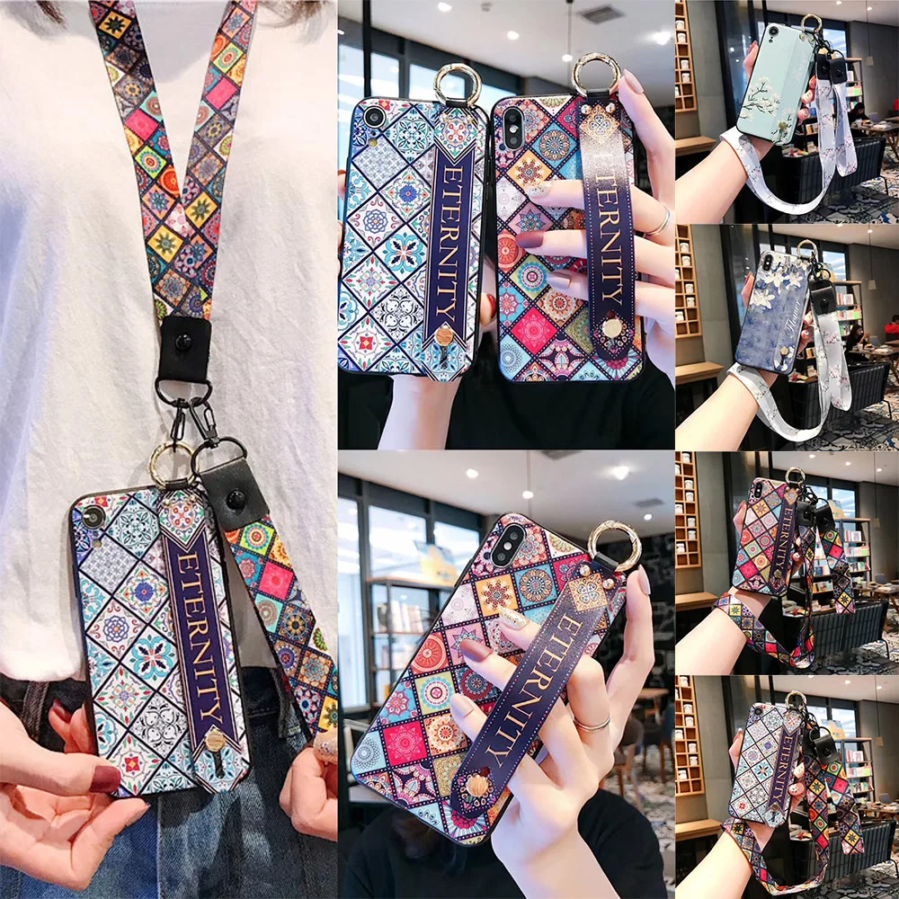 

For iphone 11 Pro MAX XS MAX 7 Plus 6s Plus 8 plus Phone Case Retro Palace flower Double Lanyard holder stand Letter Fundas
