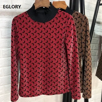 

2019 Autumn Winter Fashion Pullovers High Quality Women Moons Print Sexy Sheer Mesh Patchwork Long Sleeve Red Brown Tops Female