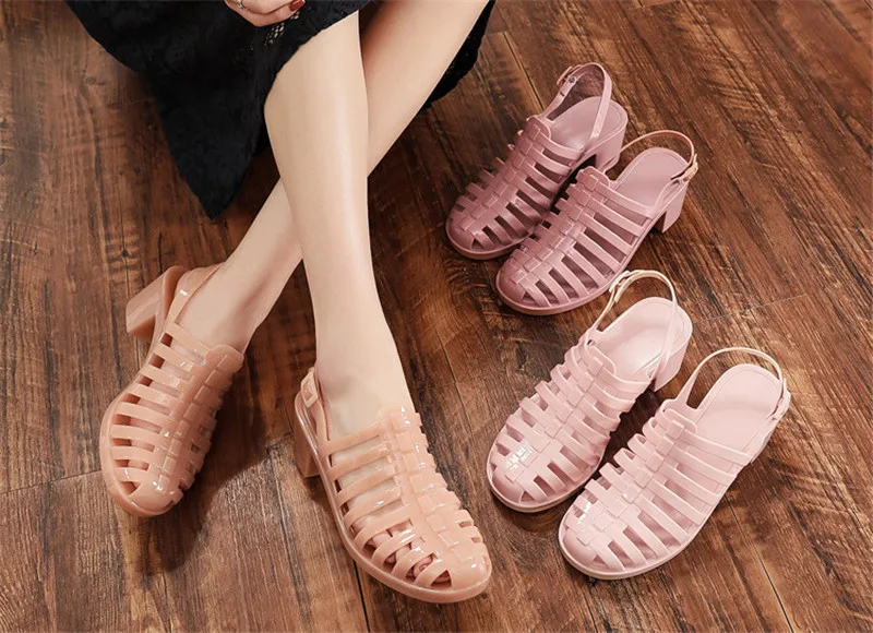 Rain Closed Toe Sandals Female High-Heeled Shoes Transparent Crystal Plastic Beach Women Jelly Shoes High Heels Sandals Slippers Waterproof  (1)