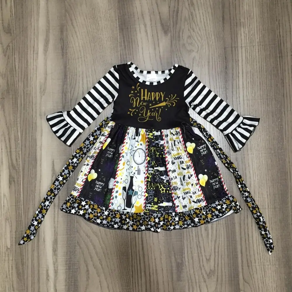 

happy new year Fall/winter baby girls children clothes cotton ruffles dress boutique knee length stripe long sleeve Splicing