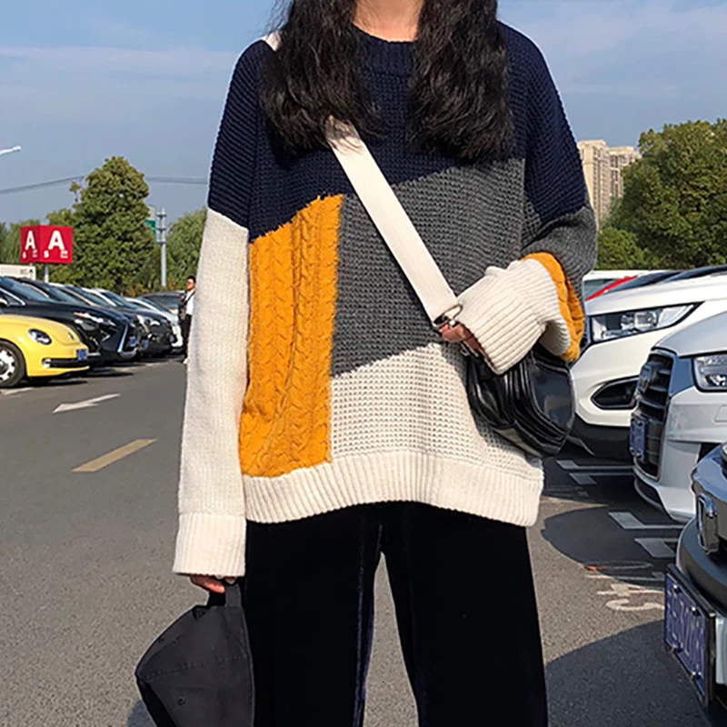 

New Fashion 2019 Autumn Winter Contrast Color Simple Round Neck Long Sleeve Pullovers Loose Knitting Sweater Woman N738