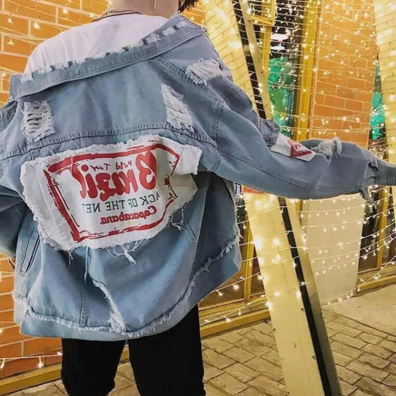 

Thin Type for Spring And Autumn with Holes Jacket Jacket Men And Women Loose-Fit Hip Hop Korean-style Tidal Harbor-Style INS Ver
