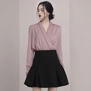 

HAMALIEL Autumn Office OL Skirts Set Runway Fashion Women Sexy V Neck Long Sleeve Shirt Tops + Black High Waist A Line Skirt Suits