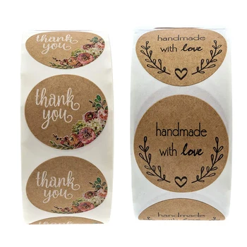 

1000 Pcs 1 Inch Round Natural Kraft Stickers:500 Pcs Floral Thank You Stickers & 500 Pcs Olive Branch Handmade with Love Sticker