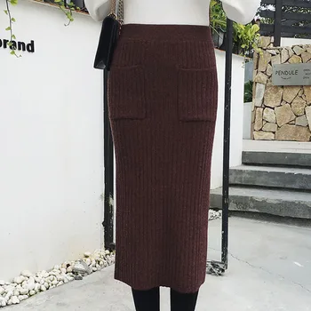 

Korean Style Ribbing Pencil Skirts Womens Autumn Winter Pokcets Split Mid Kintted Skirt 2020 New Arrival Grey Bottoms