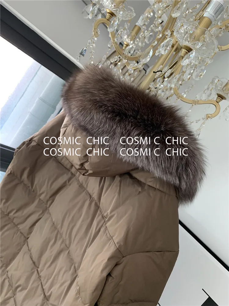 Cosmicchic,, для отдыха, длинный, однотонный, теплый, женский, зимний пуховик, Воротник из лисьего меха, с капюшоном, однобортное пальто