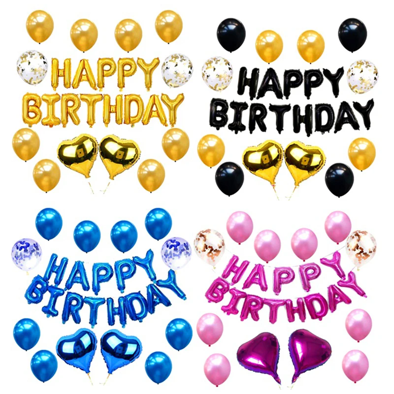 Black Gold Blue Happy Birthday Banner Balloons Helium Air Foil