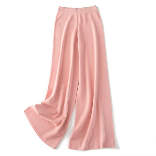 Shuchan шерстяные трикотажные широкие брюки Осень Зима теплые брюки женские эластичные с высокой талией однотонные плоские длинные желтые - Цвет: Розовый