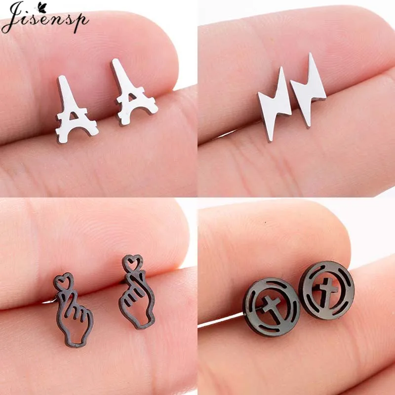 Jisensp Punk Geometric Stainless Steel Earrings Unique Design Lightning Shape Stud Earrings Fashion Jewelry for Women Men Gift