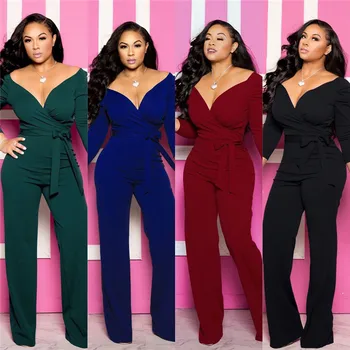 

Deep V Neck Womens Jumpsuits Solid Color Long Sleeve Sexy Ladies Jumpsuits Fashion Colorful Womens Apparel