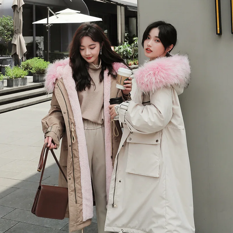 

2019 New Style Cotton Coat Long over-the-Knee Korean-style down Jacket Thick Loose-Fit Lambs Wool Coat Large Fur Collar Women's