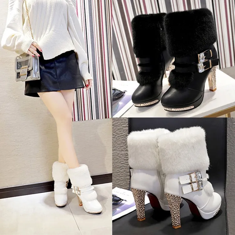 

2019 Autumn And Winter New Style round-Toe Metal High-Heel Fashion Short Boots Women's Belt Buckle Waterproof Platform Martin Bo