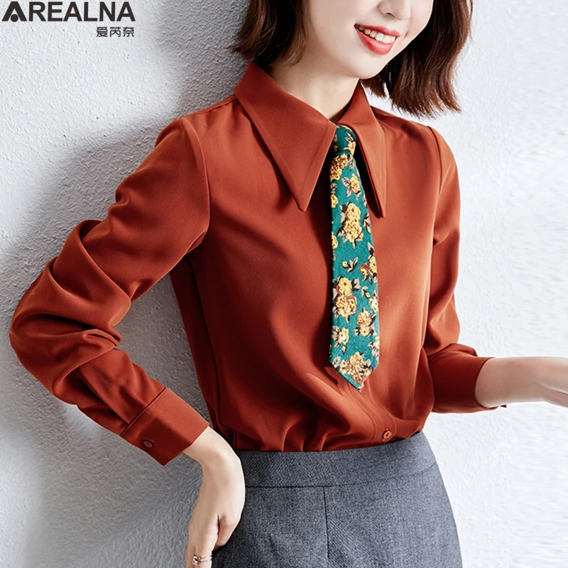 

Женская шифоновая блузка с длинным рукавом, повседневная винтажная офисная блузка в Корейском стиле, весна-осень